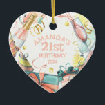 21st Birthday Personalized Name Year Girl Heart Ceramic Ornament<br><div class="desc">Festive birthday deign includes a champagne bottle,  champagne glass,  lots of presents,  streamers and confetti. Text is a girly pink.</div>