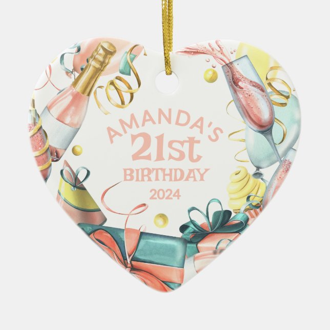 21st Birthday Personalized Name Year Girl Heart Ceramic Ornament (Front)
