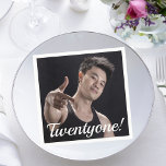 21st birthday photo 21 twentyone guys napkins<br><div class="desc">Template for own Your photo.  White text overlay: Twentyone!  written with a modern hand lettered style script. A napkin for a 21st birthday party for boys,  guys.</div>