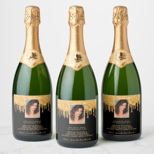 21st birthday photo black glitter gold fun facts sparkling wine label