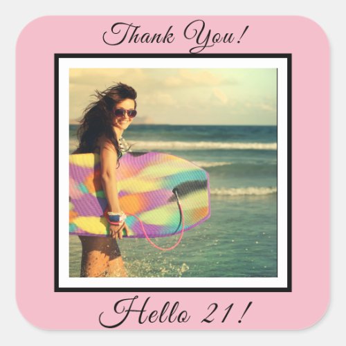 21st birthday photo blush pink thank you square sticker