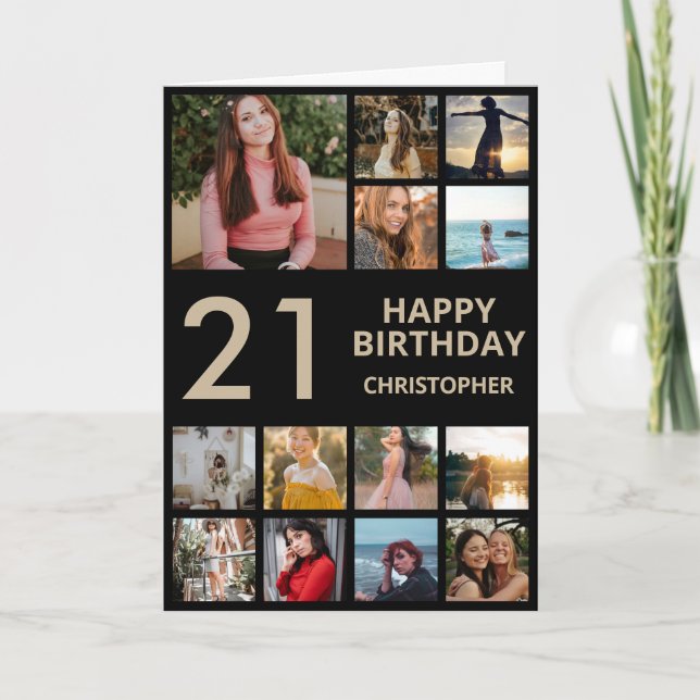 21st Birthday Photo Collage 13 Photos Black & Gold Card (Front)