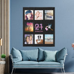 21st birthday photo collage black fleece blanket<br><div class="desc">A gift for a woman's 21st birthday,  celebrating her life with a collage of 8 of your photos.  Templates for a name,  age 21 and a date.  Date of birth or the date of the anniversary.  Pink and purple colored letters.  Black colored background.</div>