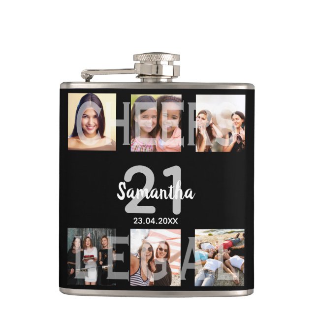 21st birthday photo collage black white monogram flask (Front)
