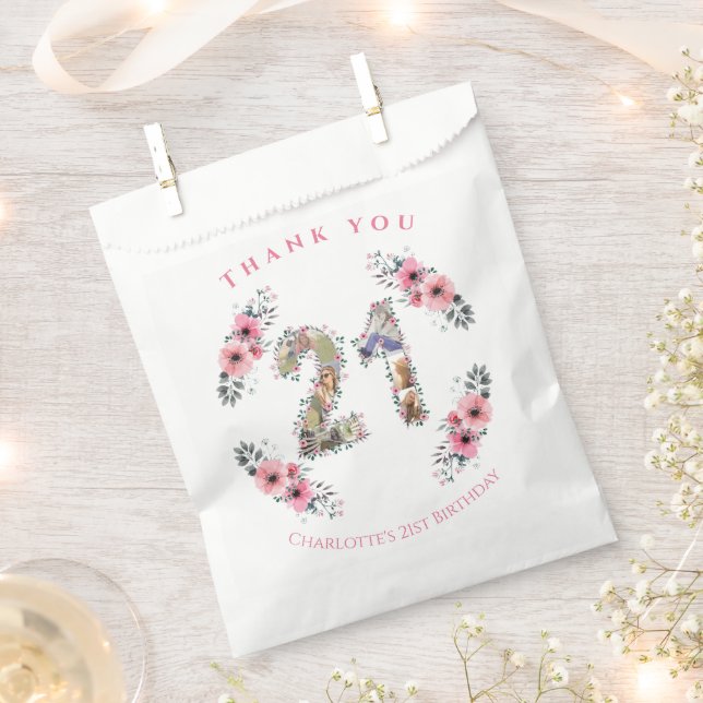 21st Birthday Photo Collage Pink Flower Girl White Favor Bag (Clipped)