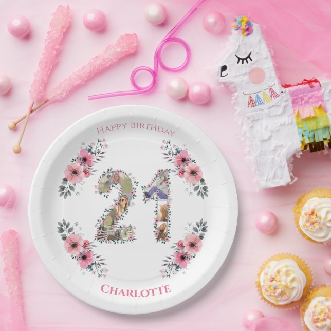 21st Birthday Photo Collage Pink Flower Girl White Paper Plates (Party)