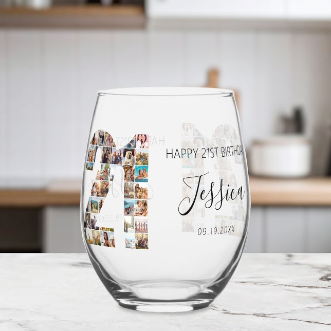 21st Birthday Photo Collage Stemless Wine Glass (Creator Uploaded)