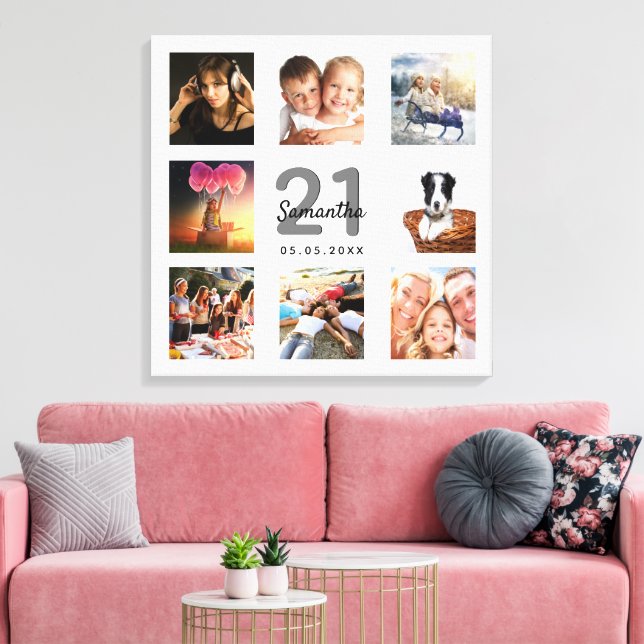 21st birthday photo collage white monogram canvas print (Insitu(LivingRoom))