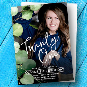 21st Birthday Photo Elegant Girly Modern Greenery Invitation