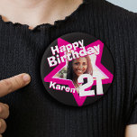 21st Birthday photo fun hot pink button/badge Button<br><div class="desc">Celebrate a special 21st Birthday with this fun hot pink, black and white star twenty-one photo badge/button. Personalise this age badge with a photograph of the birthday girl. Great idea for adding some fun to a coming of age birthday party. Can be used to show baby photos or other fun...</div>