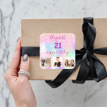 21st birthday photo glitter rainbow holographic square sticker<br><div class="desc">For a 21stbirthday party. A collage of 3 of your photos of herself, friends, family, interest or pets. A girly, feminine rainbow, holographic colored background in purple, pink, rose gold and mint green. Decorated with faux glitter drips, paint dripping look. Personalize and add her name and age 21. The text:...</div>