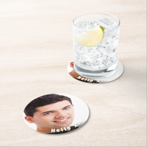 21st birthday photo hello 21 for guys round paper coaster