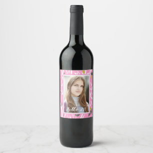 21st birthday photo pink botanical pattern wine label
