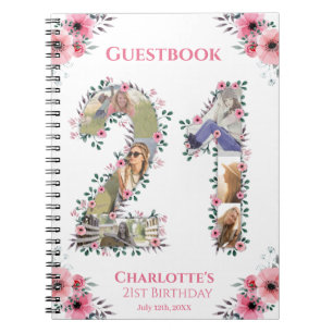 21st Birthday Photo Pink Flower White Guest Book