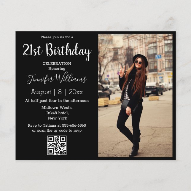 21st birthday photo qr code black invitation  (Front)