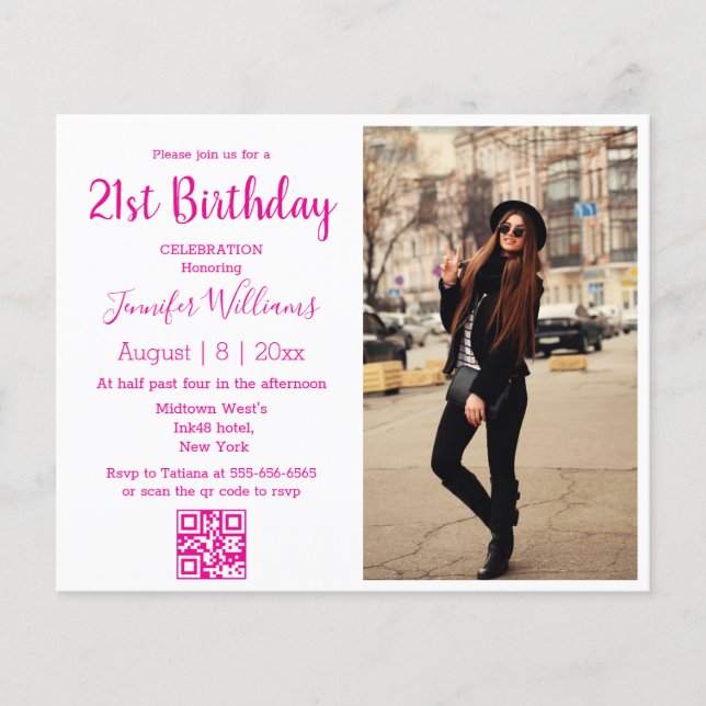  21st birthday photo qr code pink invitation  (Front)