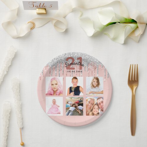 21st birthday photo rose gold blush glitter silver paper plates