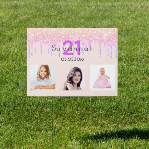 21st birthday photo rose gold blush pink glitter sign