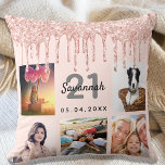 21st birthday photo rose gold glitter blush pink throw pillow<br><div class="desc">A unique gift for a 21st birthday, celebrating her life with a collage of 5 of your own photos, pictures. Personalize and add her name, age 21 and a date. A chic feminine rose gold, blush pink colored background. Gray and black letters and numbers. Decorated with rose gold faux glitter...</div>