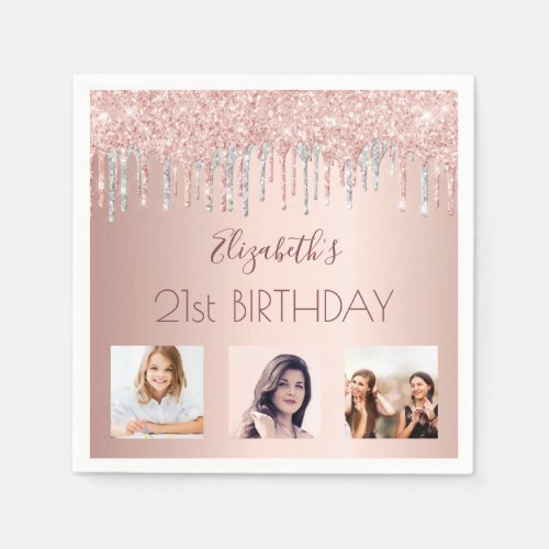 21st birthday photo rose gold silver glitter drips napkins