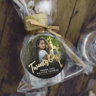 21st Birthday photo script gold effect 21 key Classic Round Sticker