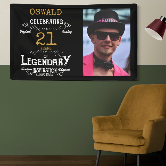 21st Birthday Photo Template Legendary Banner (Custom 21st birthday wall banner hanging a on two tone green wall with a chair and lamp)