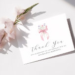 21st Birthday Pink Bow Wildflower Flat Thank You Card<br><div class="desc">Elegant blush pink coquette bow accented with purple and pink wildflowers decorates this flat birthday thank you card. Open and airy script spells thank you. Two lines of text let you personalize a thank you statement and your name. All of the text is editable.</div>