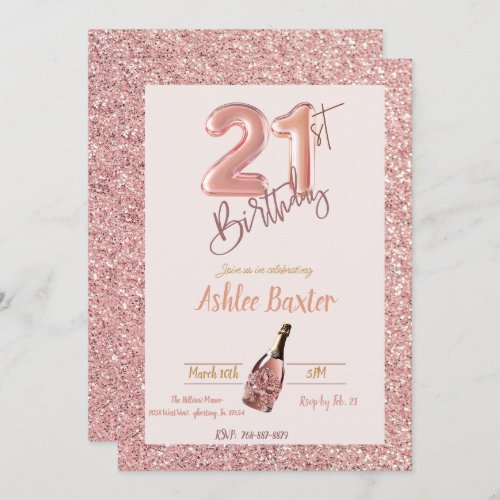 21st Birthday Pink Champange  Pink Glitter Invitation