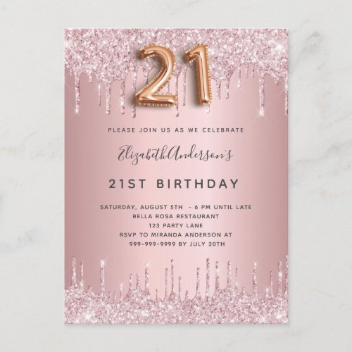 21st Birthday pink dusty rose glitter drips luxury Invitation Postcard