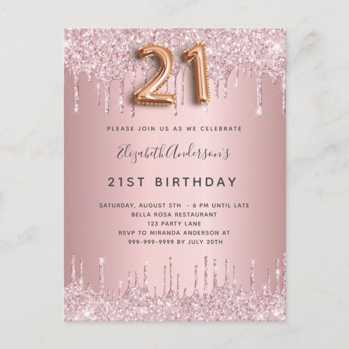 21st Birthday pink dusty rose glitter drips luxury Invitation Postcard ...