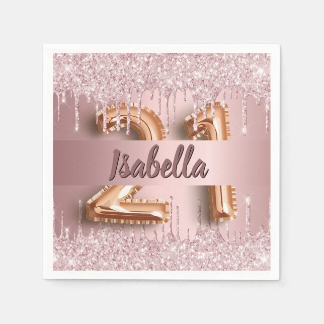 21st birthday pink dusty rose glitter monogram napkins (Front)