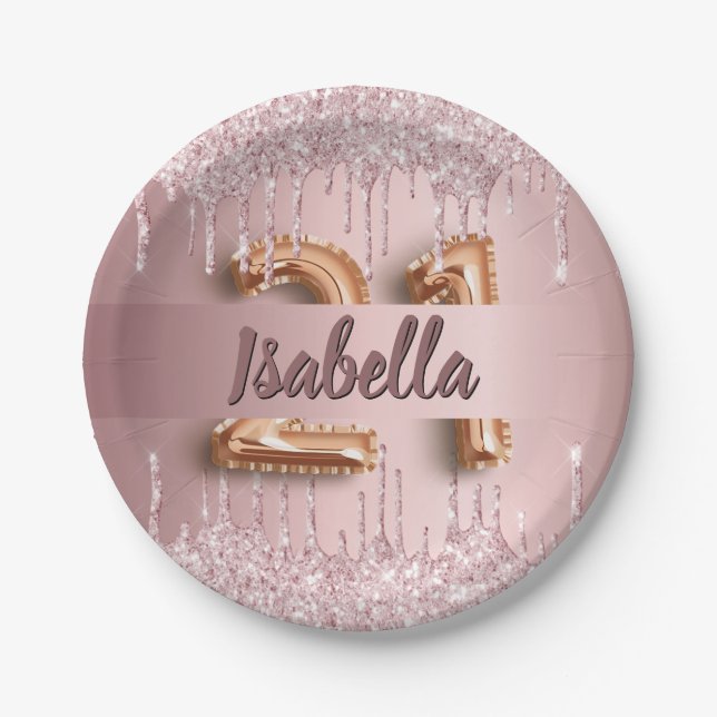 21st birthday pink dusty rose glitter monogram paper plates (Front)