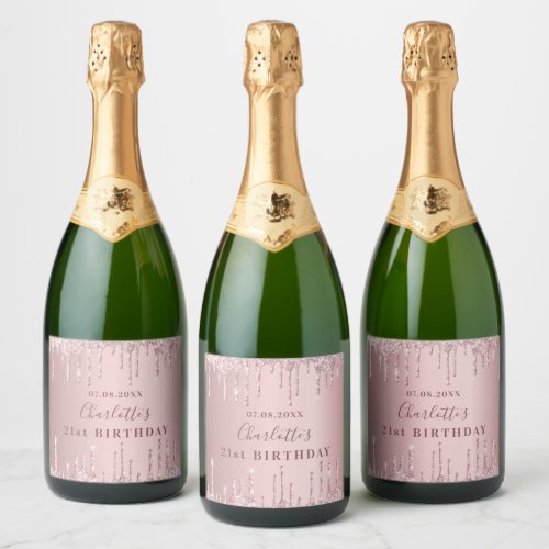 21st birthday pink dusty rose glitter monogram sparkling wine label