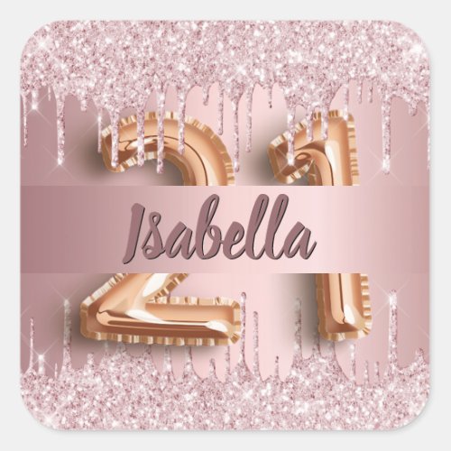 21st birthday pink dusty rose glitter name square sticker