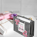 21st birthday pink floral black white stripes large gift bag<br><div class="desc">Classic slim black and white vertical stripes as background. With girly, feminine and romantic pink flowers, roses as decoration. Perfect for an elegant 21st birthday party for her. A white and black frame with templates for name, age and a date. Age number 21 in pink, name and date in black....</div>