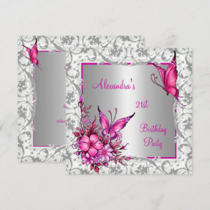 21st Birthday Pink Floral Butterfly Silver White Invitation