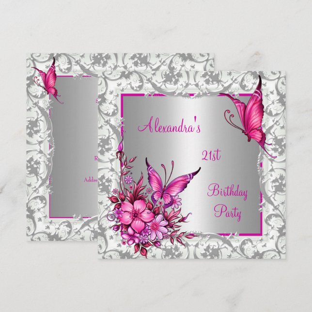 21st Birthday Pink Floral Butterfly Silver White Invitation (Front/Back)