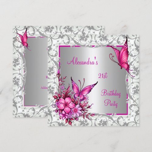 21st Birthday Pink Floral Butterfly Silver White Custom Invite