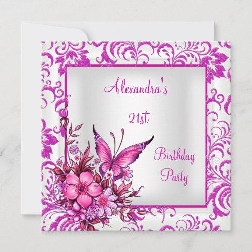 21st Birthday Pink Floral Butterfly Silver White Personalized Invitation