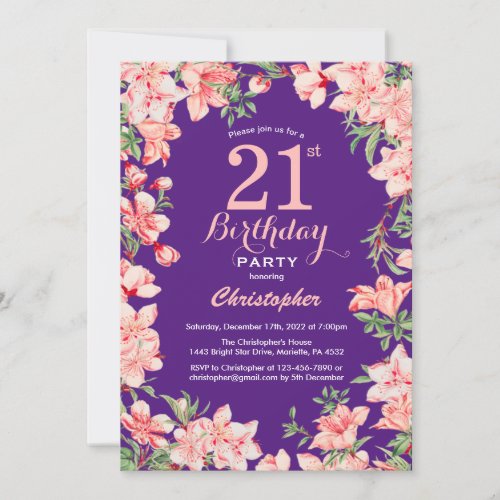 21st Birthday Pink Floral Flowers Purple Violet Invitation