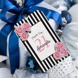 21st birthday pink florals black white stripes gift tags<br><div class="desc">A gift tag for a 21st birthday party. Classic slim black and white vertical stripes as background. With girly and feminine pink roses as decoration. A white and black frame on front with template for age, name and date. Age number 21 in pink, name and date in black. The name...</div>