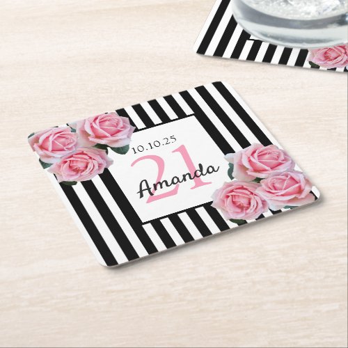 21st birthday pink florals black white stripes square paper coaster