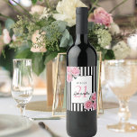 21st birthday pink florals black white stripes wine label<br><div class="desc">A wine label for a 21st birthday party. Classic slim black and white vertical stripes as background. With girly and feminine pink roses as decoration. A white and black frame on front with template for age, name and date. Age number 21 in pink, name and date in black. The name...</div>