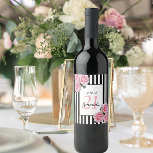 21st birthday pink florals black white stripes wine label