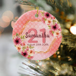 21st birthday pink florals gold geometric name ceramic ornament<br><div class="desc">A trendy ornament for a 21st birthday, as a favor, gift or keepsake. With a faux gold hexagon geometrical shaped frame. Decorated with watercolored dahlia flowers in pink, cream and coral. Living coral with polka dots as background. Templates for a name, age 21 and a date. Date of birth or...</div>