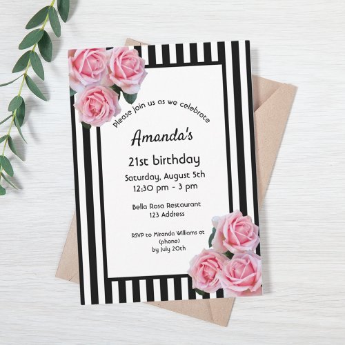 21st birthday pink florals on black white stripes
