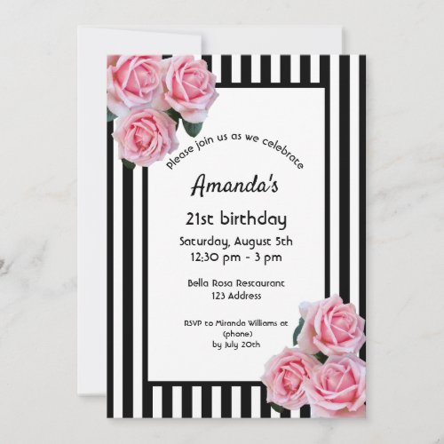 21st birthday pink florals on black white stripes invitation