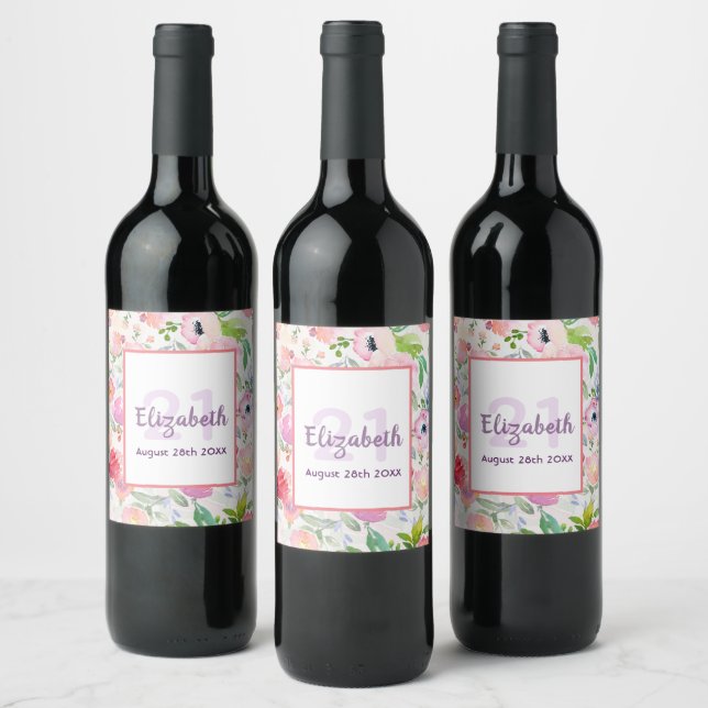 21st birthday pink flowers name wine label (Bottles)