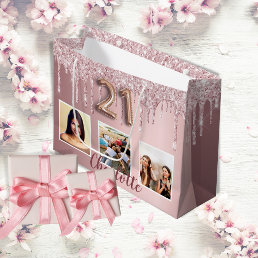  21st birthday pink glitter drips photo monogram large gift bag
