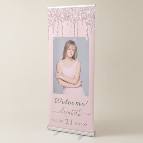 21st birthday pink glitter drips photo welcome retractable banner